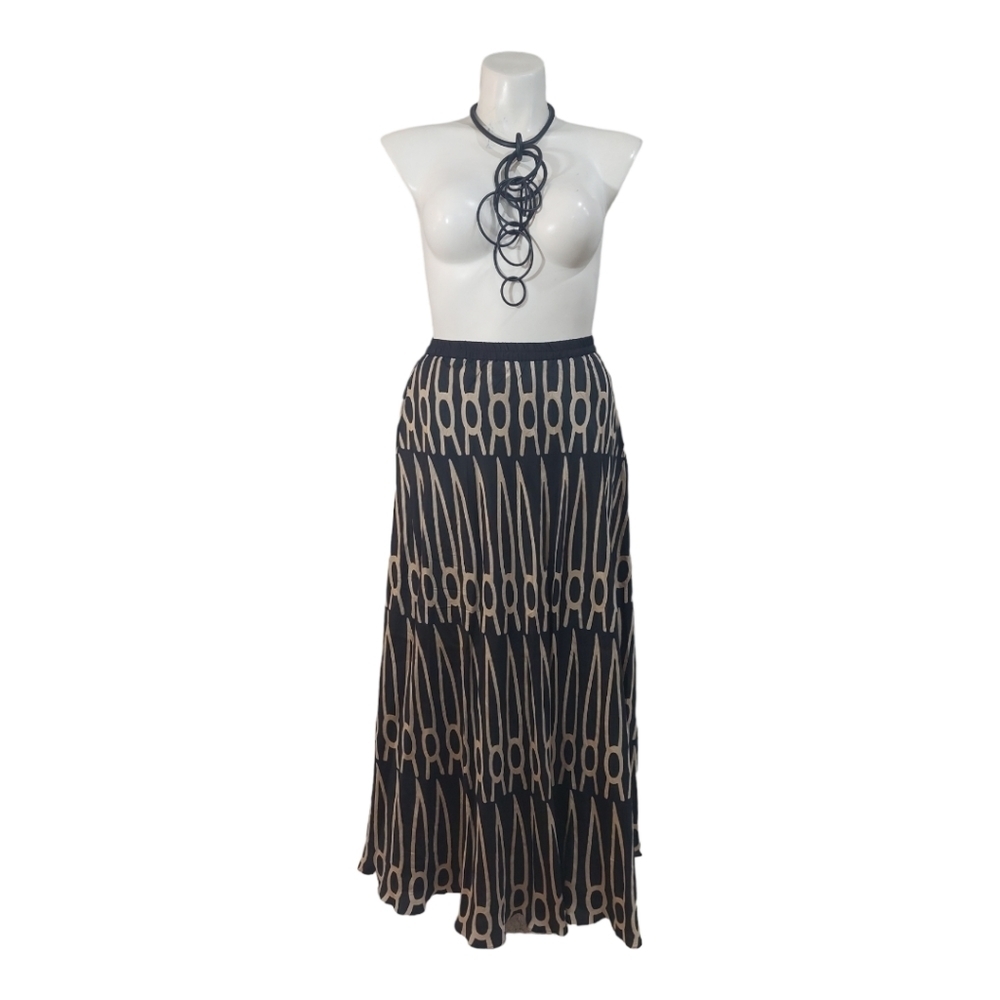 Anupama Women's Large Black Beige Geometric Print Maxi Skirt Boho Elastic Waist - Picture 7 of 13